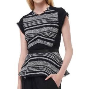 REBECCA TAYLOR Black White Lambs Leather Tweed Ruffle Peplum Shirt Top